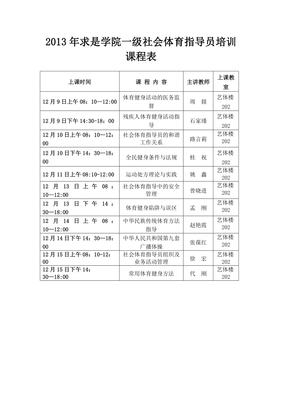 2013年求是学院一级社会体育指导员培训课程表.doc_第1页