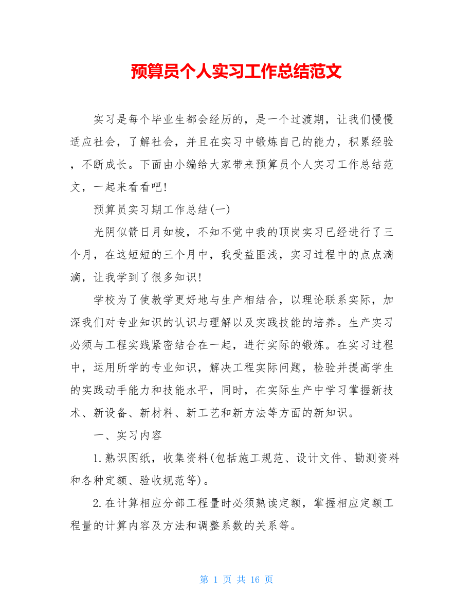 预算员个人实习工作总结范文.doc_第1页