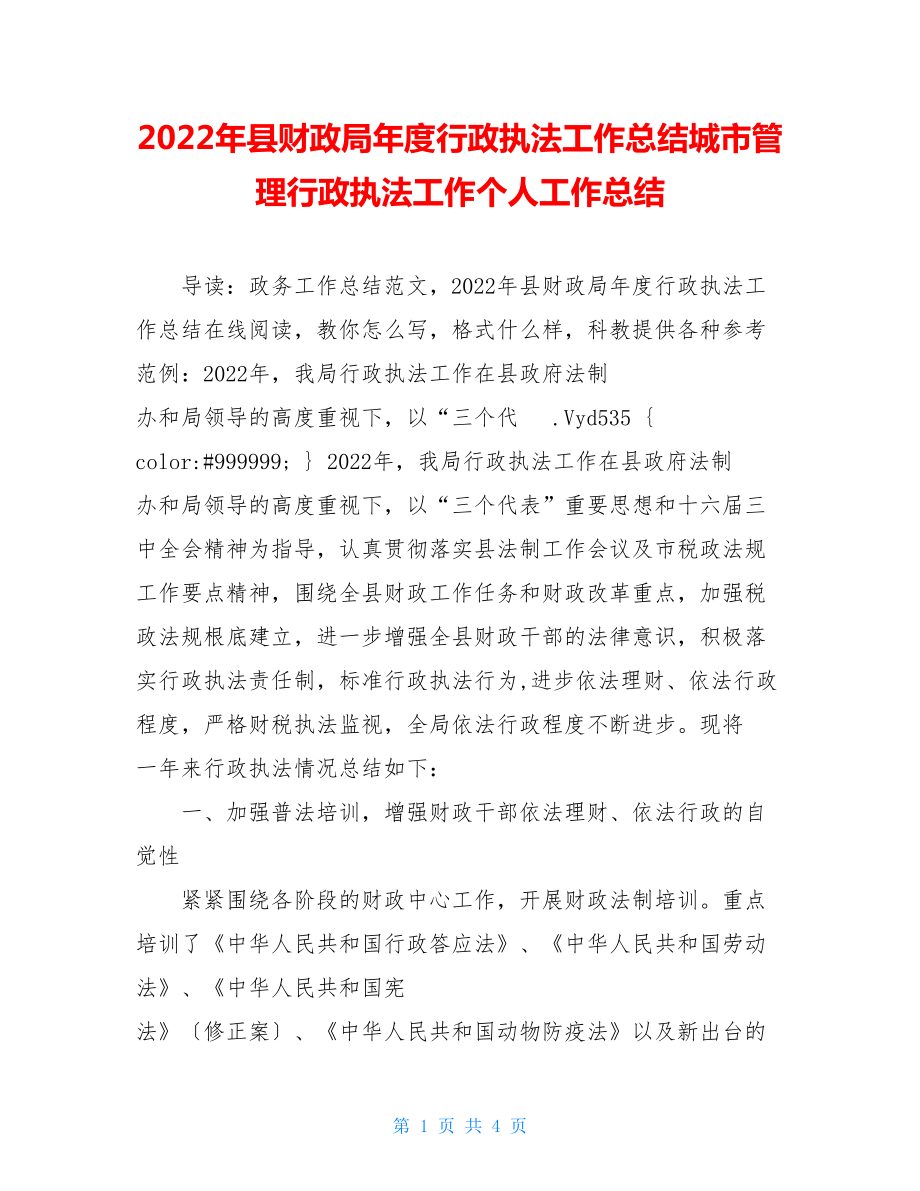 2022年县财政局年度行政执法工作总结城市管理行政执法工作个人工作总结.doc_第1页