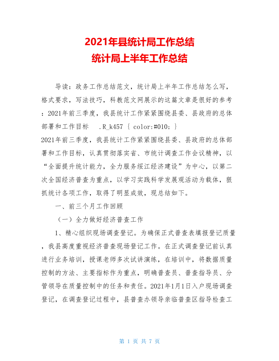 2021年县统计局工作总结 统计局上半年工作总结.doc_第1页