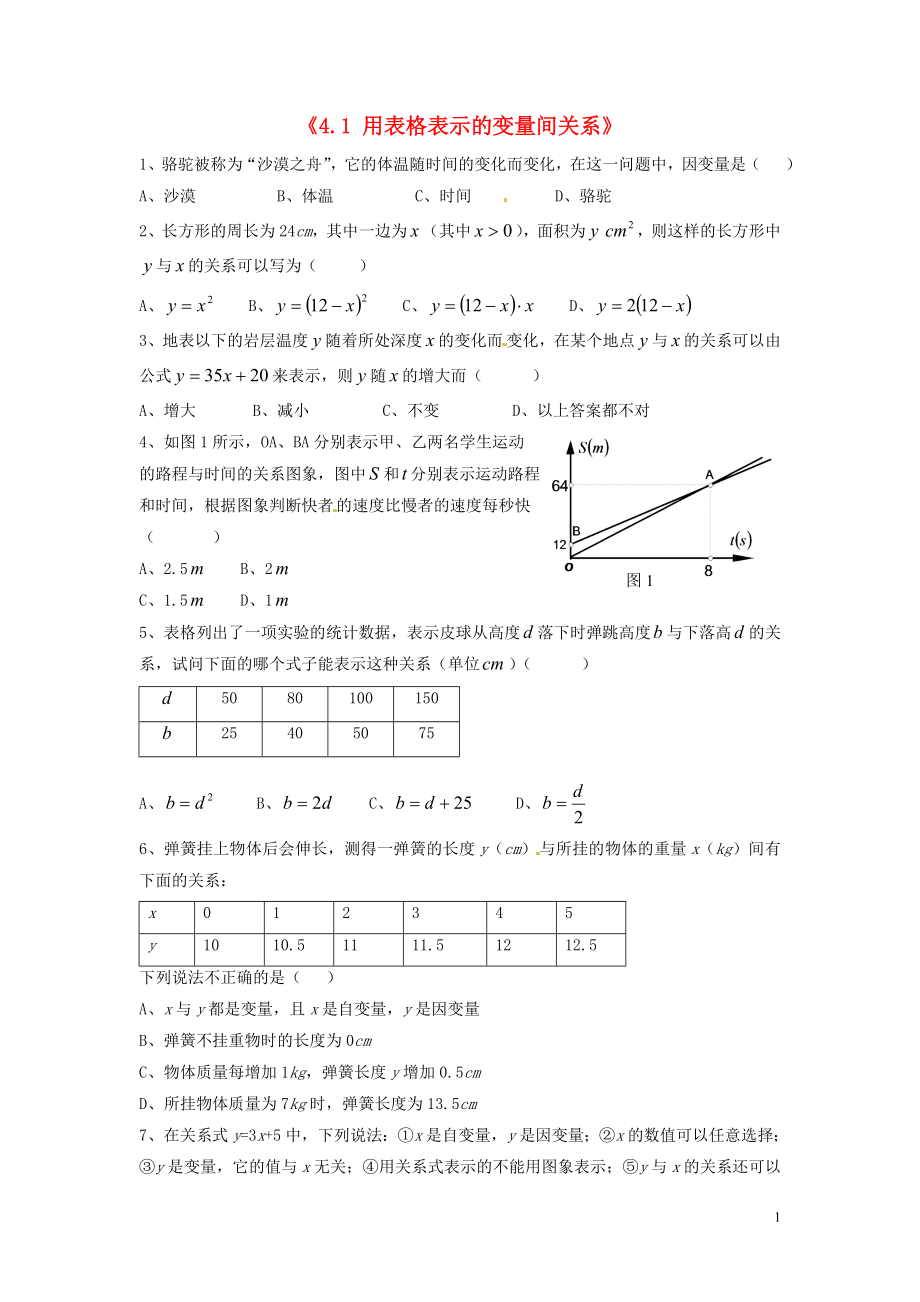 2021年春七年级数学下册《4.1 用表格表示的变量间关系》习题1 （新版）北师大版.doc_第1页