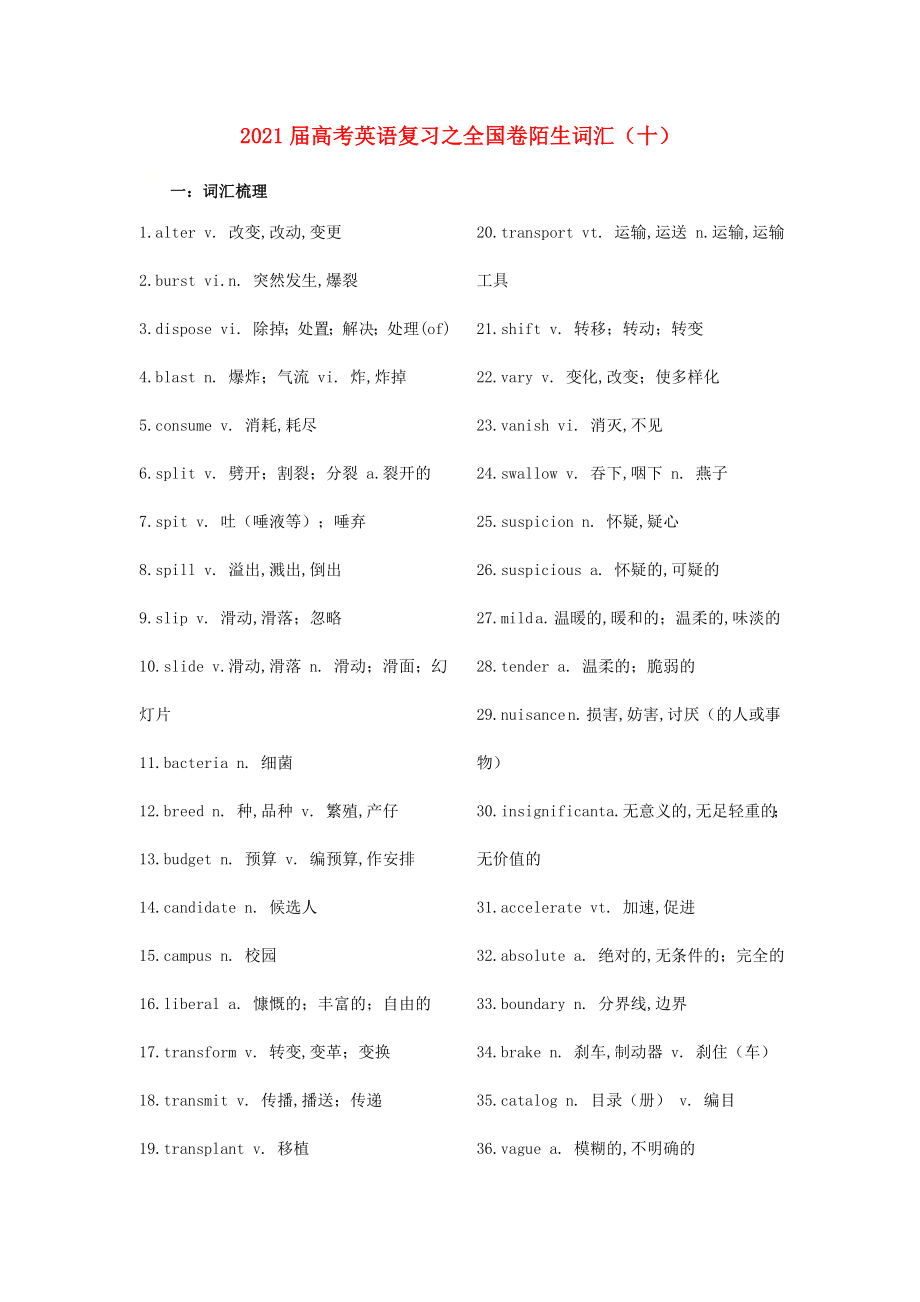 2021届高考英语二轮复习之全国卷陌生词汇十.doc_第1页