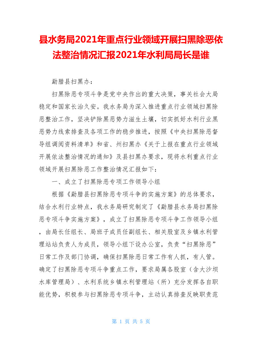 县水务局2021年重点行业领域开展扫黑除恶依法整治情况汇报2021年水利局局长是谁.doc_第1页