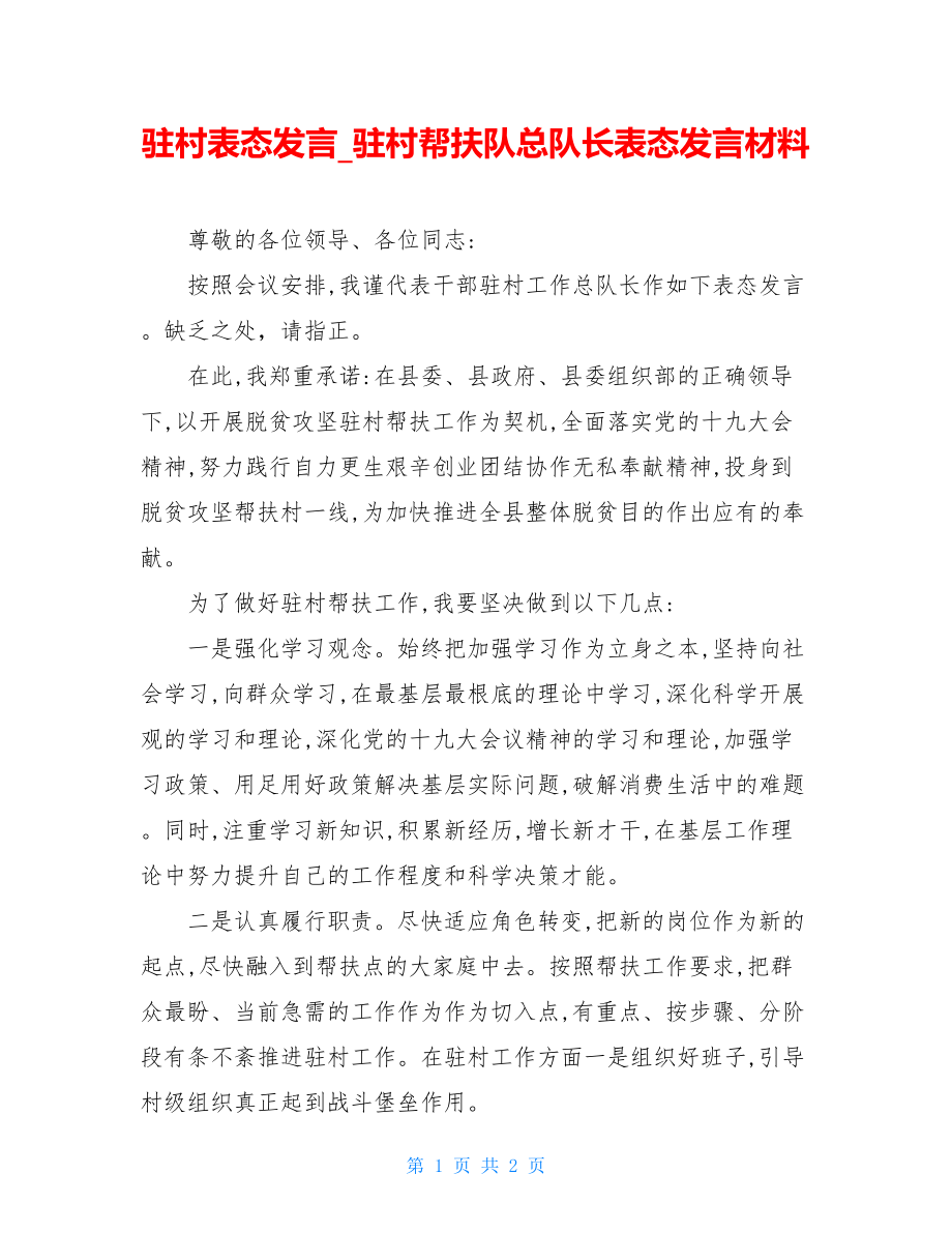 驻村表态发言驻村帮扶队总队长表态发言材料.doc_第1页