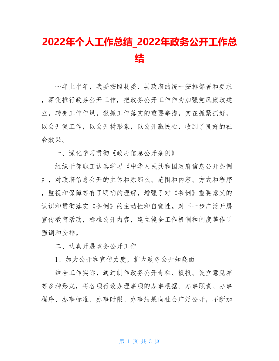 2022年个人工作总结2022年政务公开工作总结.doc_第1页