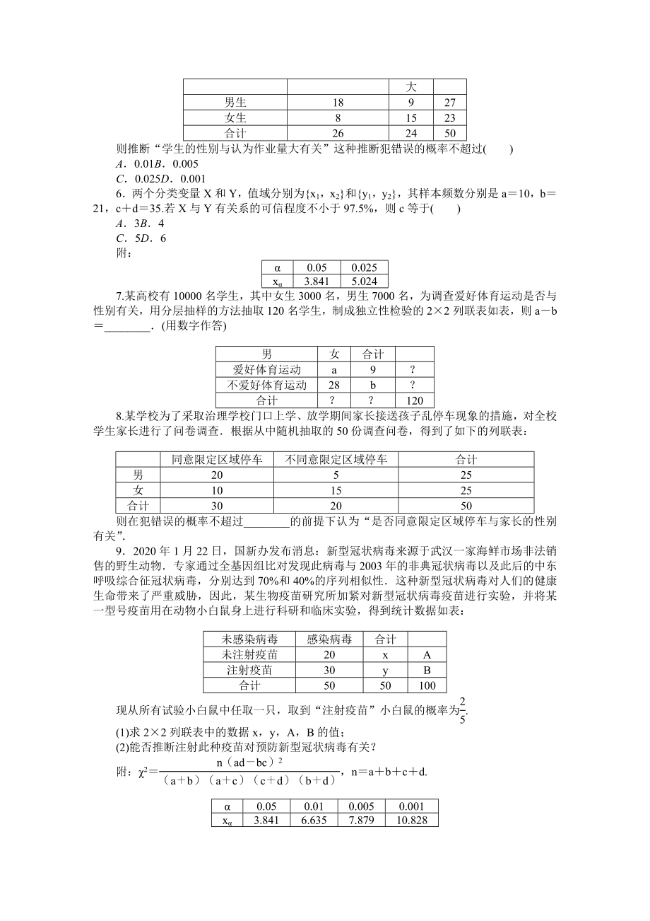 2021_2021学年新教材高中数学第八章成对数据的统计分析8.3列联表与独立性检验课时作业含解析新人教A版选择性必修第三册.docx_第2页