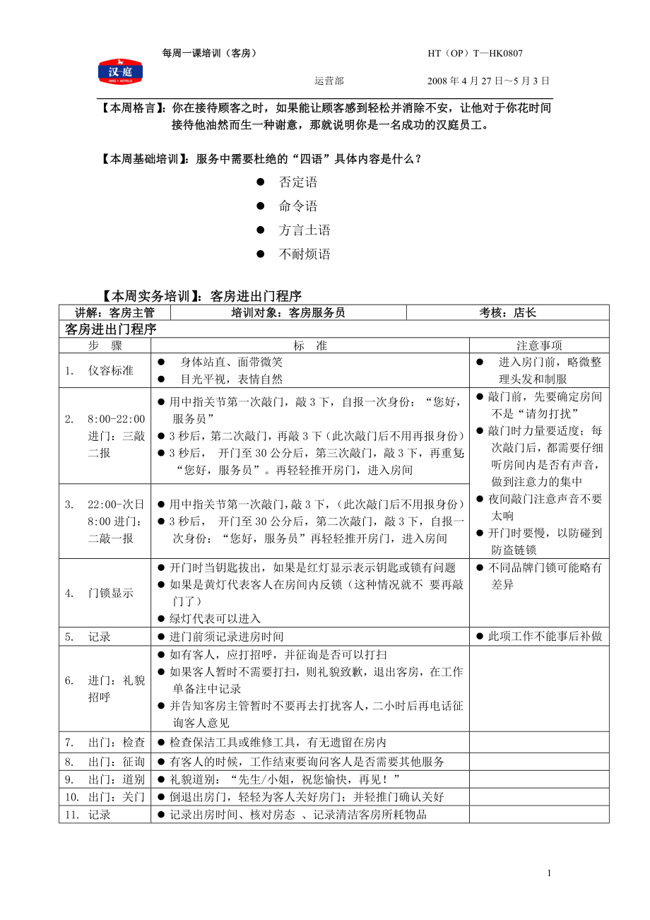 连锁商务品牌中高端酒店资料 客房进出门程序连.doc_第1页