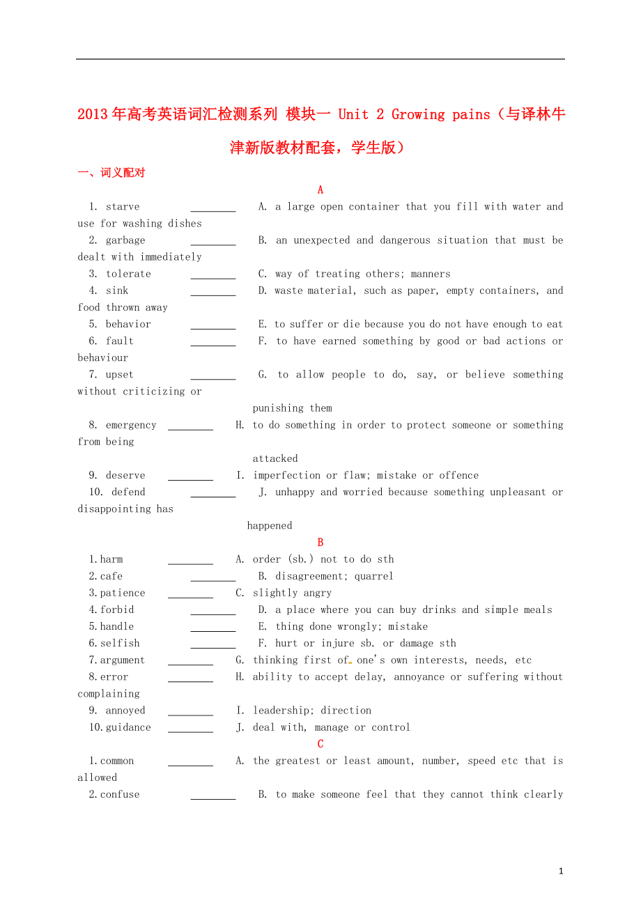 2021年高考英语 新教材配套词汇检测系列 模块一 Unit 2 Growing pains（学生版） 译林牛津版.doc_第1页