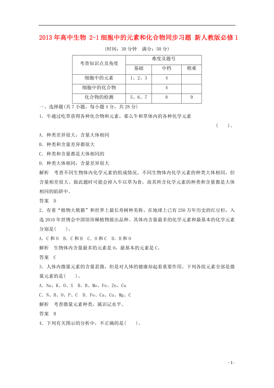 2021年高中生物 2-1细胞中的元素和化合物同步习题 新人教版必修1.doc_第1页