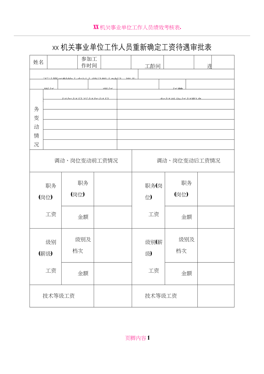 xx机关事业单位工作人员重新确定工资待遇审批表.doc_第1页