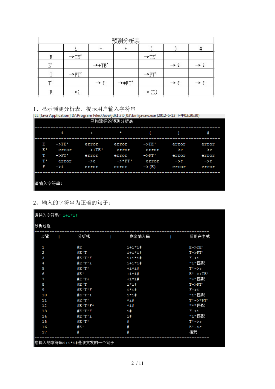 编译原理LL(1)文法分析器实验(java).doc_第2页