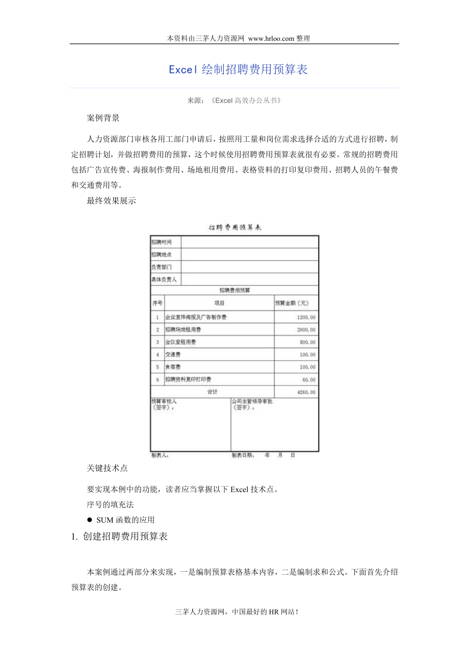 企业招聘公司面试技巧面谈离职关键分析行政人事HR资料 费用预算制作技巧费用预算制作技巧Excel绘制招聘费用预算表.doc_第1页