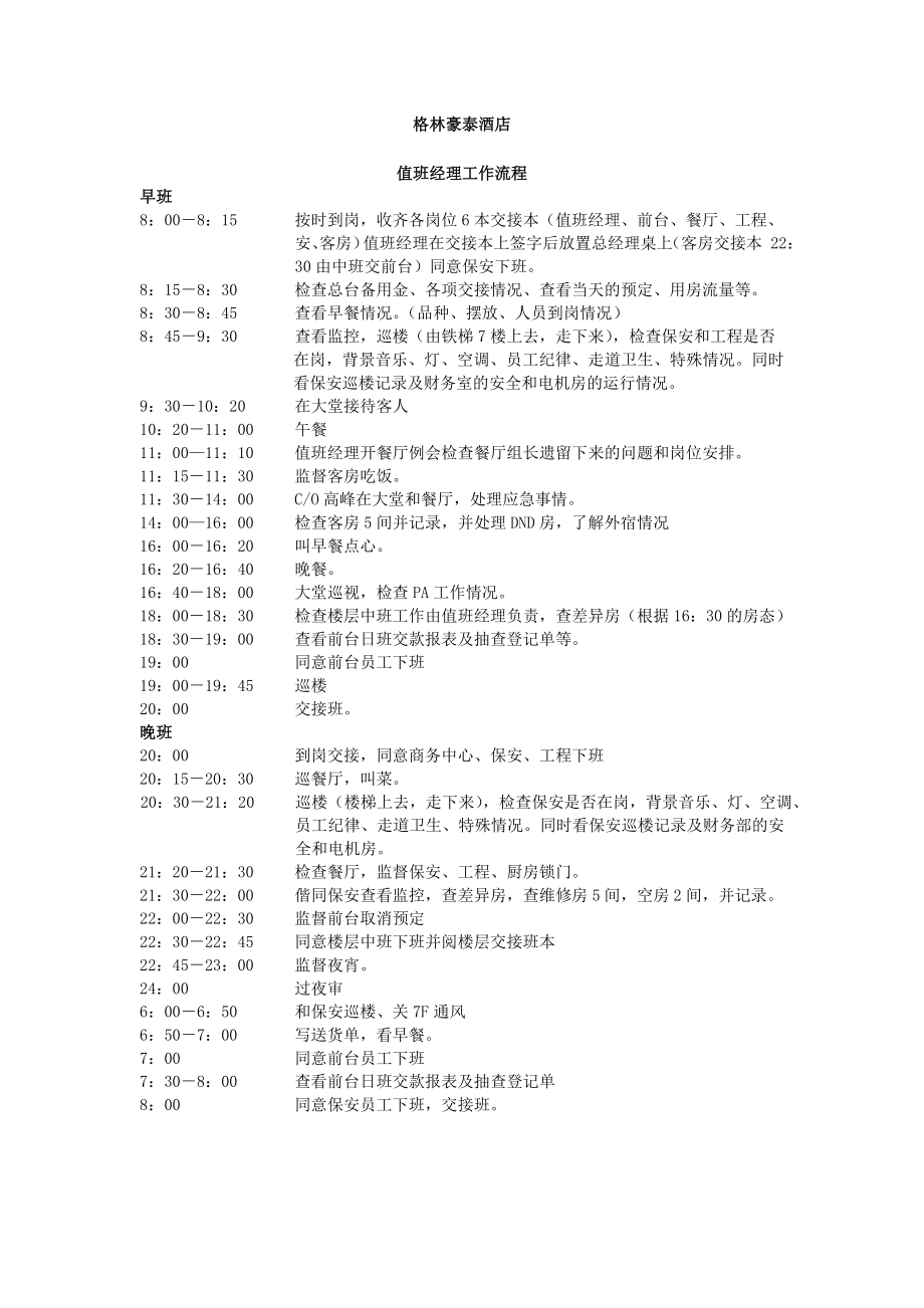 商务中高端连锁酒店品牌制度运营手册资料 值班经理工作流程[2].doc_第1页