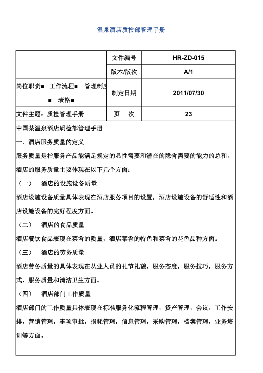 温泉酒店系列运营管理制度手册 温泉酒店 质检部管理手册P45.doc_第1页