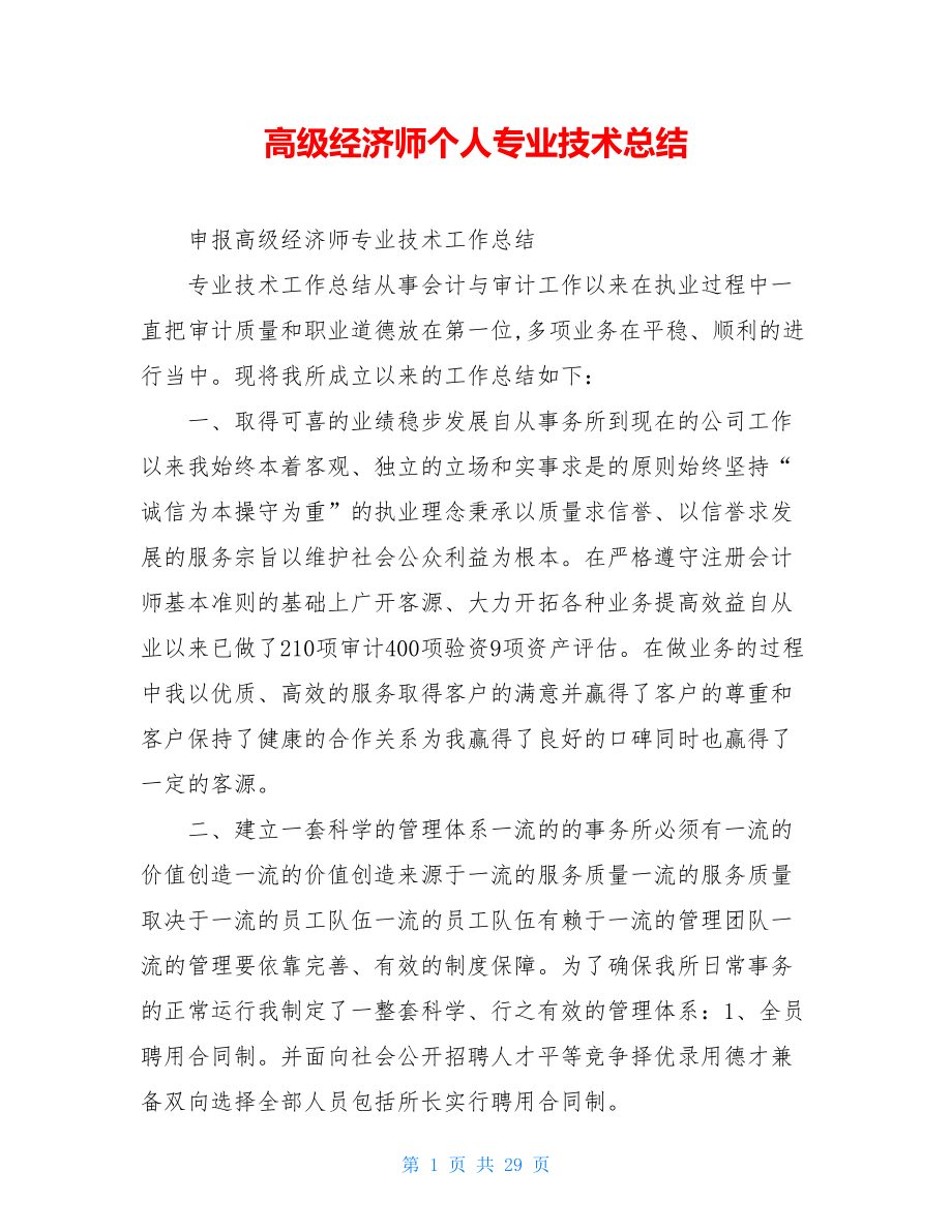 高级经济师个人专业技术总结.doc_第1页