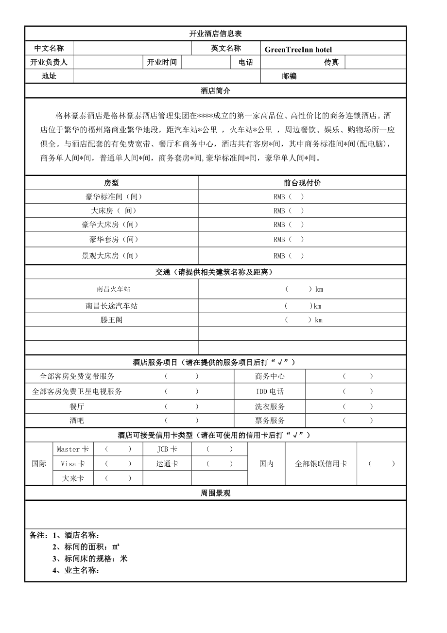 中高端连锁酒店总经理店长管理制度 开业酒店信息表.doc_第1页