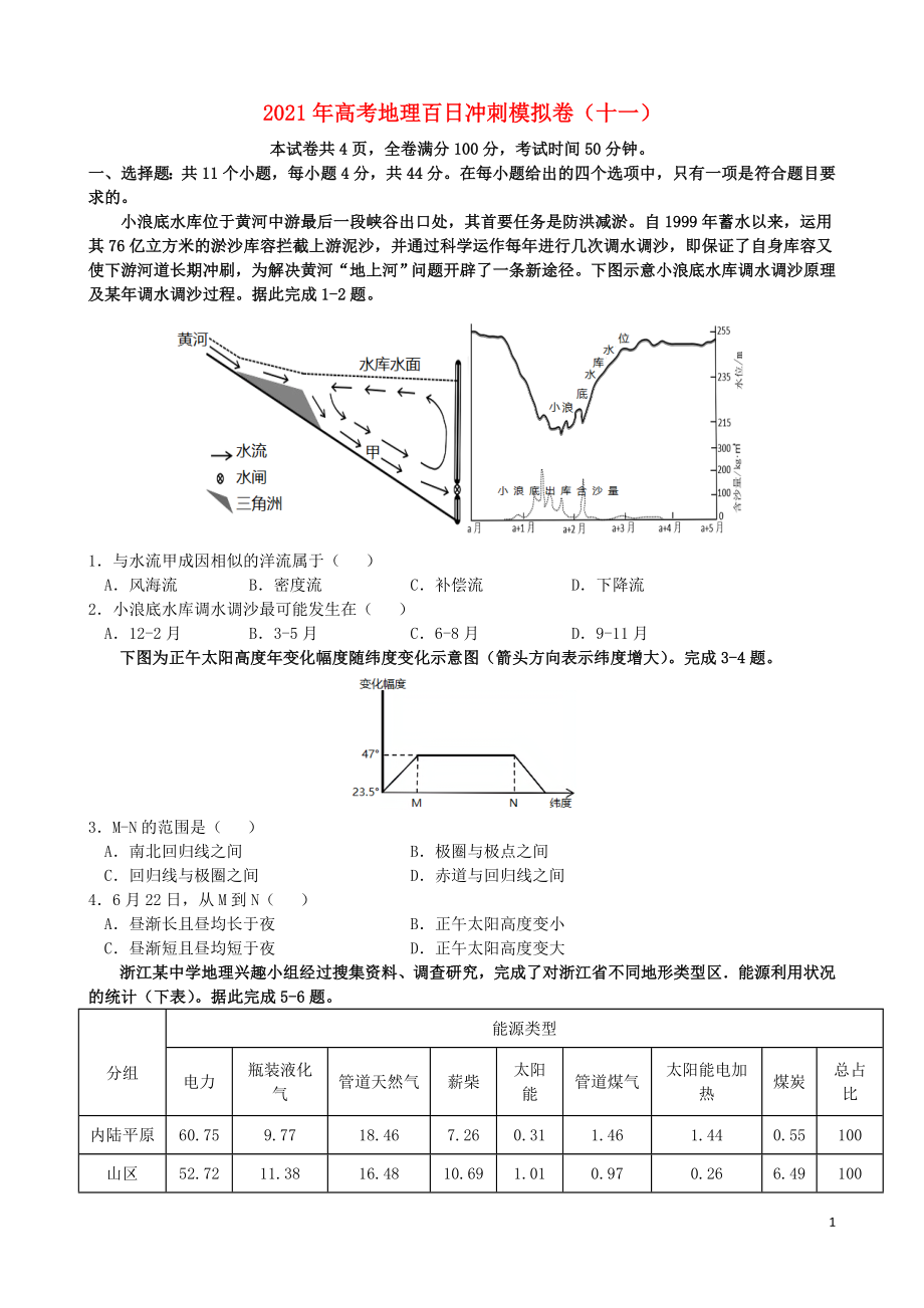 2021年高考地理百日冲刺模拟卷十一.DOC_第1页