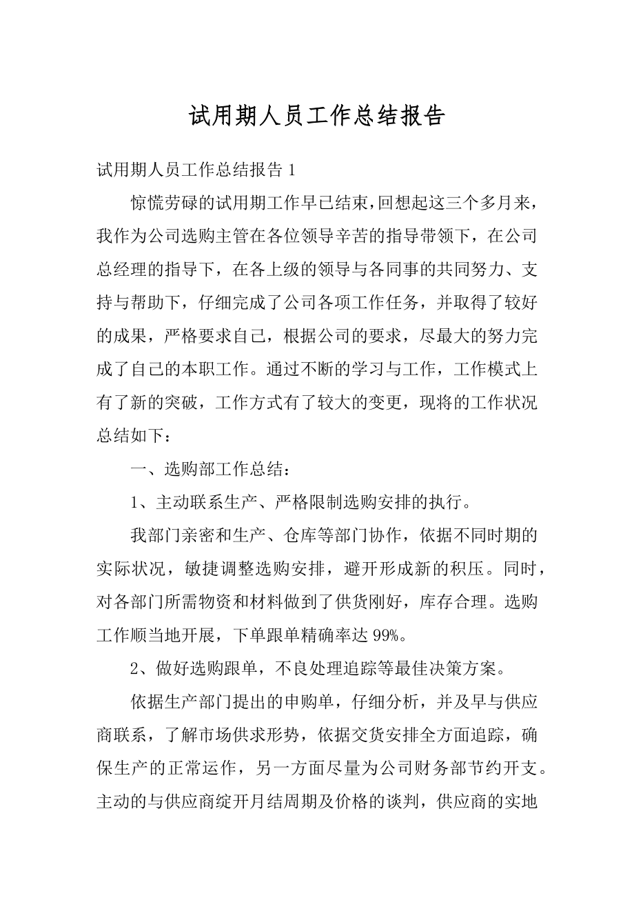 试用期人员工作总结报告范本.docx_第1页