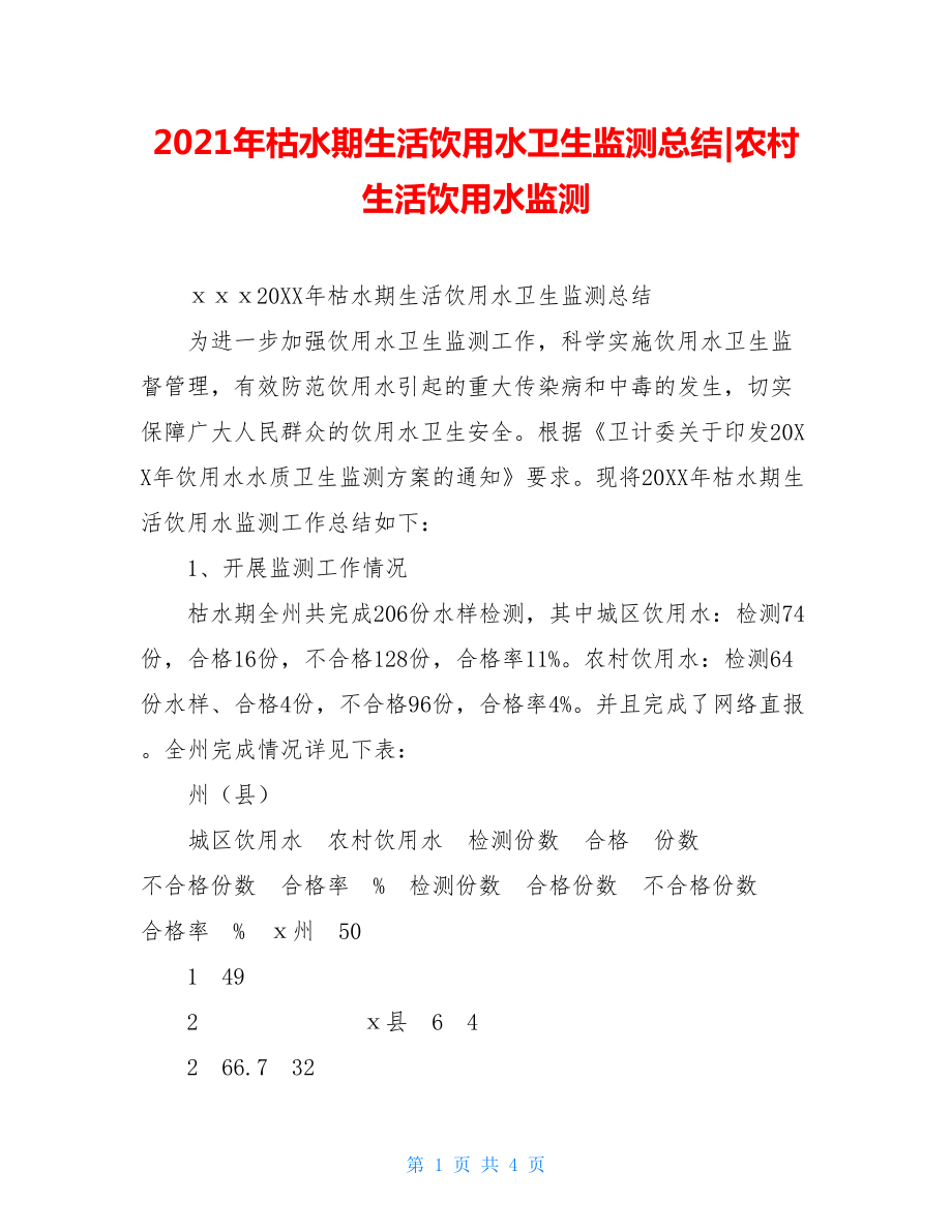 2021年枯水期生活饮用水卫生监测总结-农村生活饮用水监测.doc_第1页