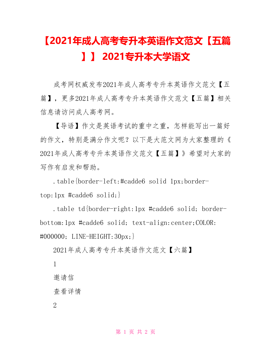 【2021年成人高考专升本英语作文范文【五篇】】 2021专升本大学语文.doc_第1页