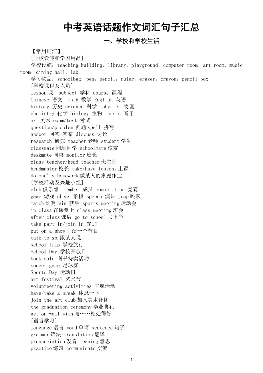 初中英语中考话题作文词汇句子整理汇总（一）（共六个话题）.doc_第1页