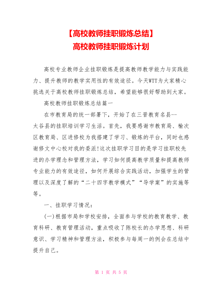 【高校教师挂职锻炼总结】 高校教师挂职锻炼计划.doc_第1页