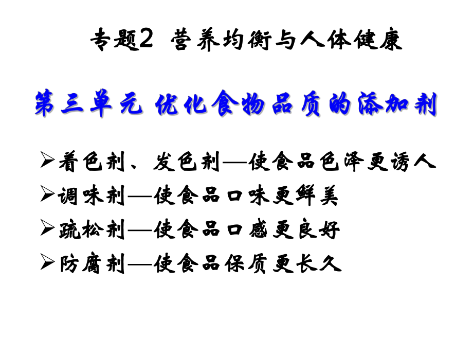 【化学】23《优化食物品质的添加剂》课件（苏教版选修1）.ppt_第1页