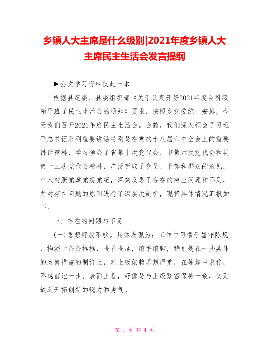 2021年度乡镇人大主席民主生活会发言提纲.doc_第1页