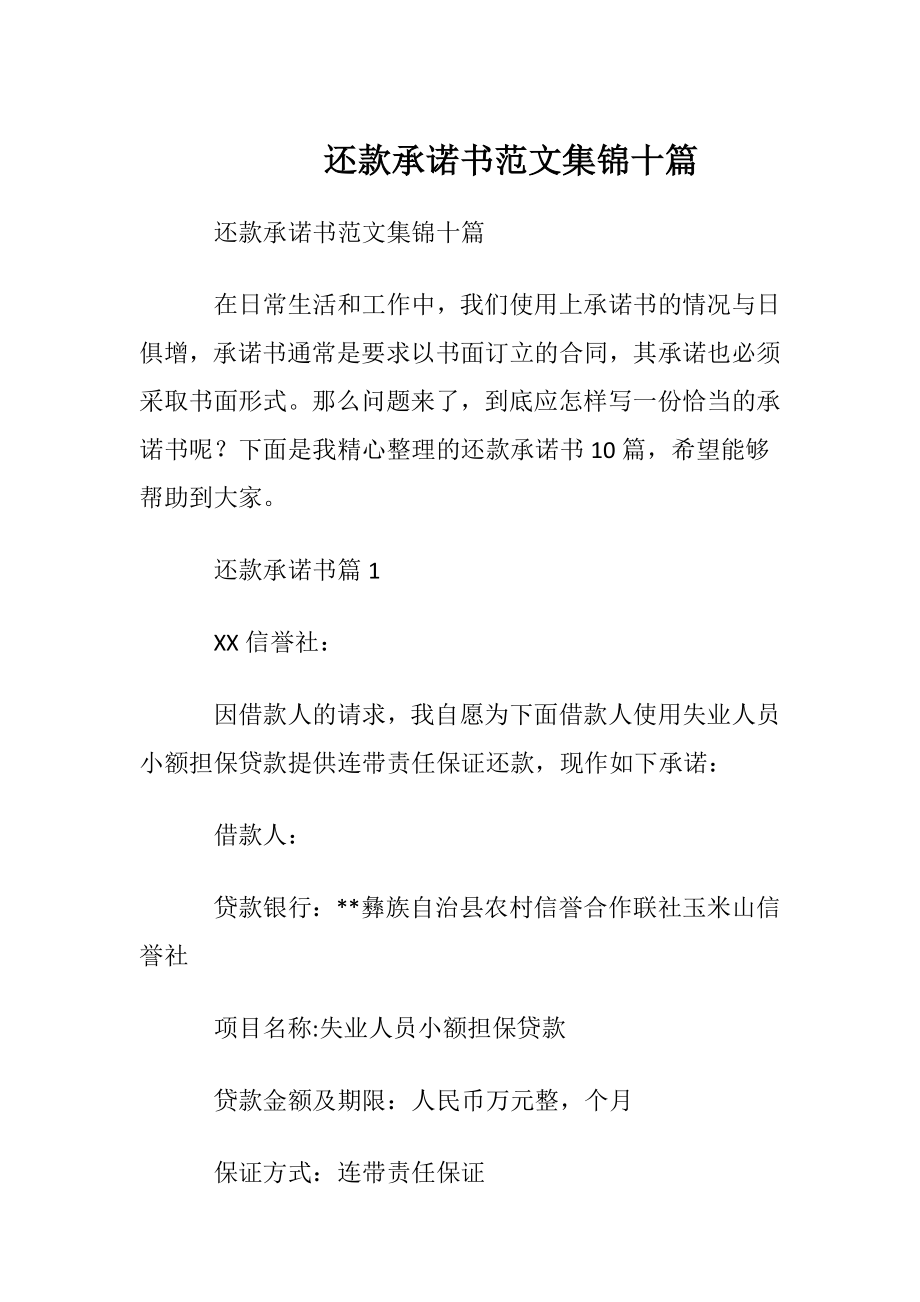 还款承诺书范文集锦十篇.docx_第1页