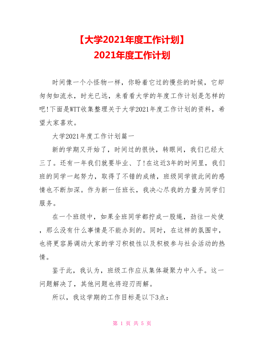 【大学2021年度工作计划】 2021年度工作计划.doc_第1页