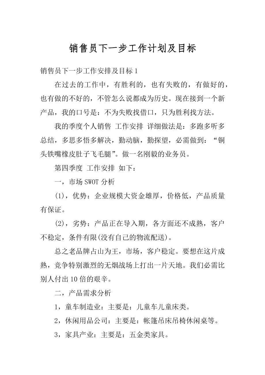 销售员下一步工作计划及目标范本.docx_第1页