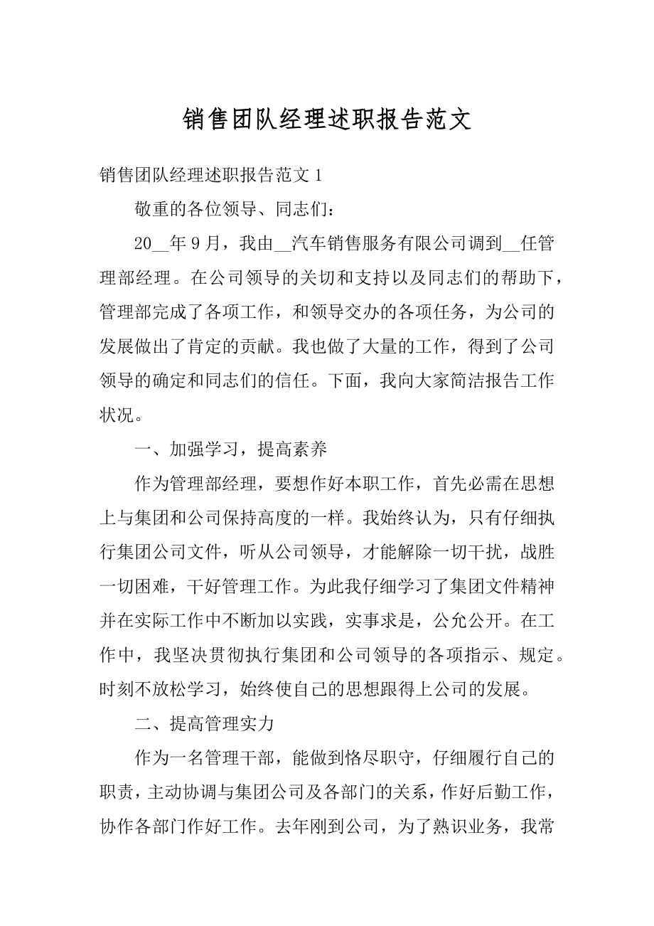 销售团队经理述职报告范文精编.docx_第1页