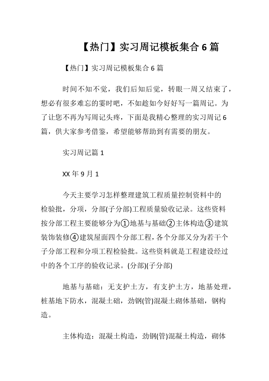 【热门】实习周记模板集合6篇.docx_第1页