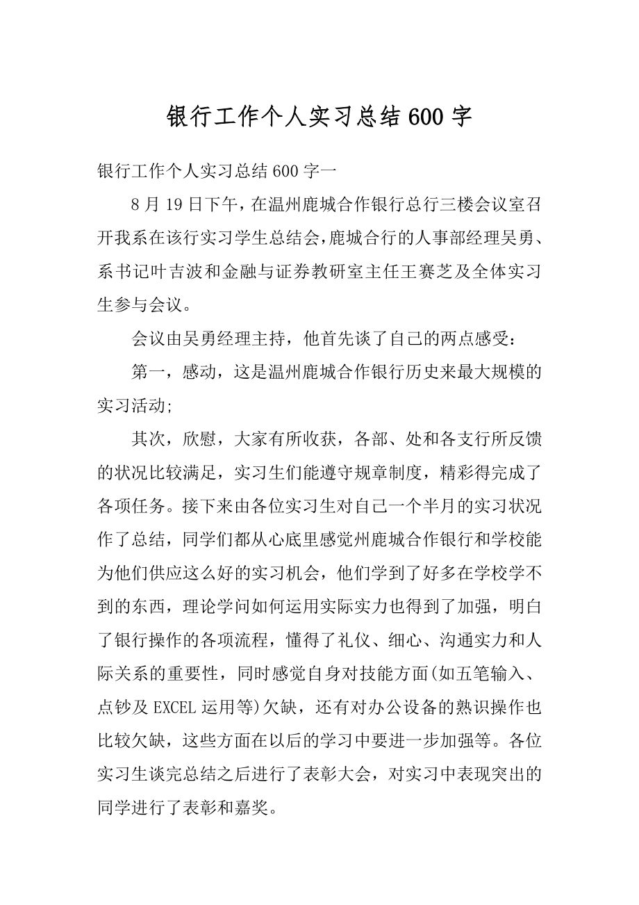 银行工作个人实习总结600字范例.docx_第1页