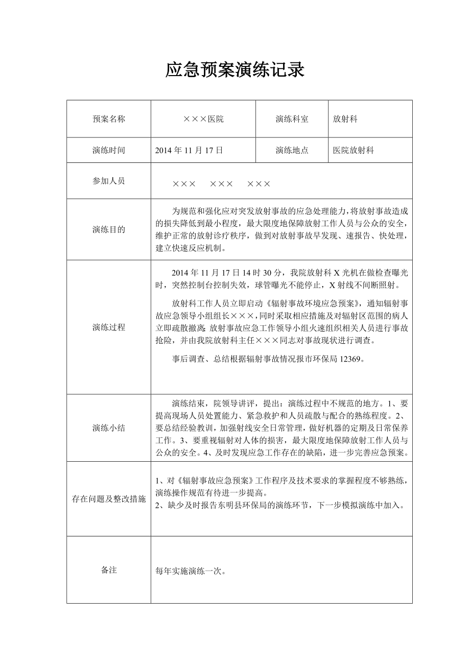 辐射事故应急预案演练记录.doc_第1页