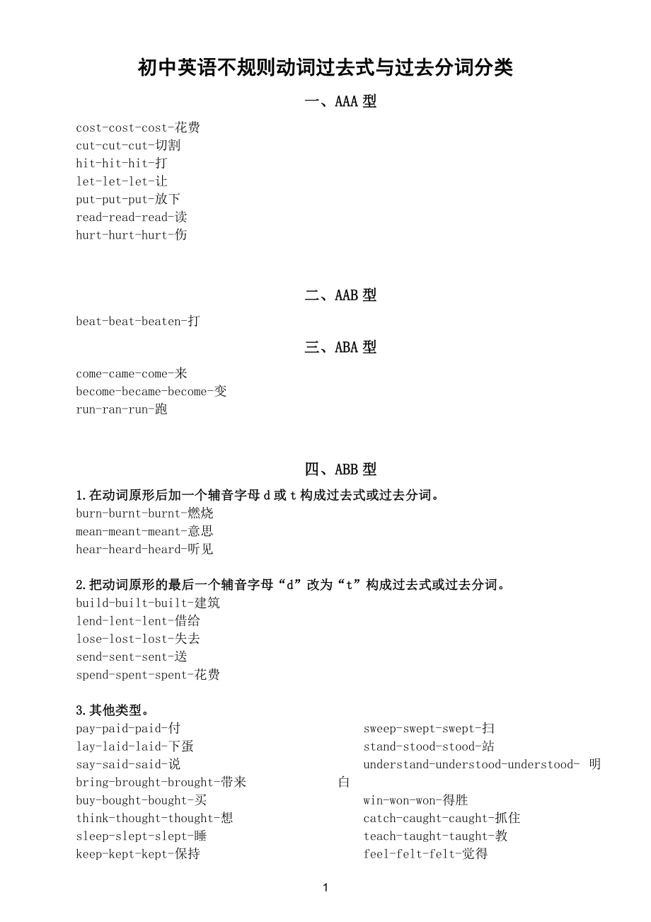 初中英语中考复习不规则动词过去式与过去分词分类.doc_第1页