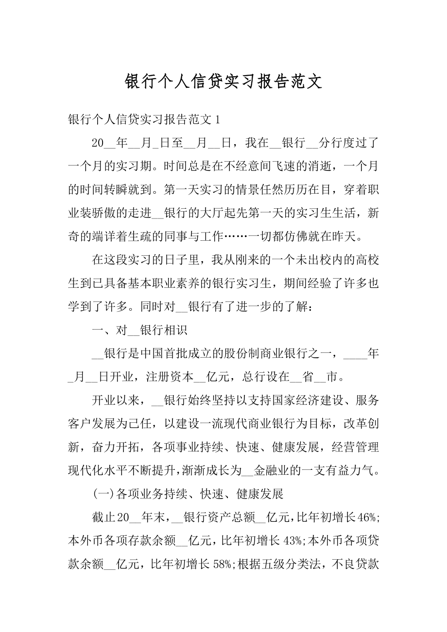 银行个人信贷实习报告范文例文.docx_第1页