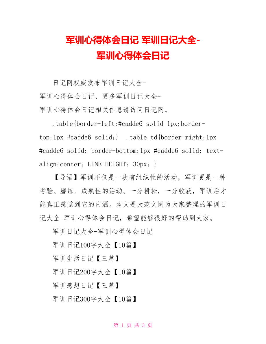 军训心得体会日记 军训日记大全-军训心得体会日记.doc_第1页