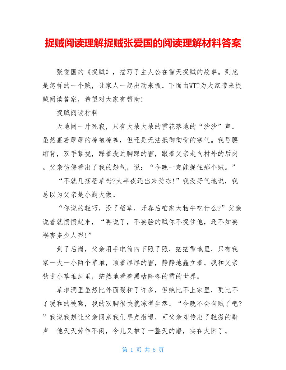 捉贼阅读理解捉贼张爱国的阅读理解材料答案.doc_第1页