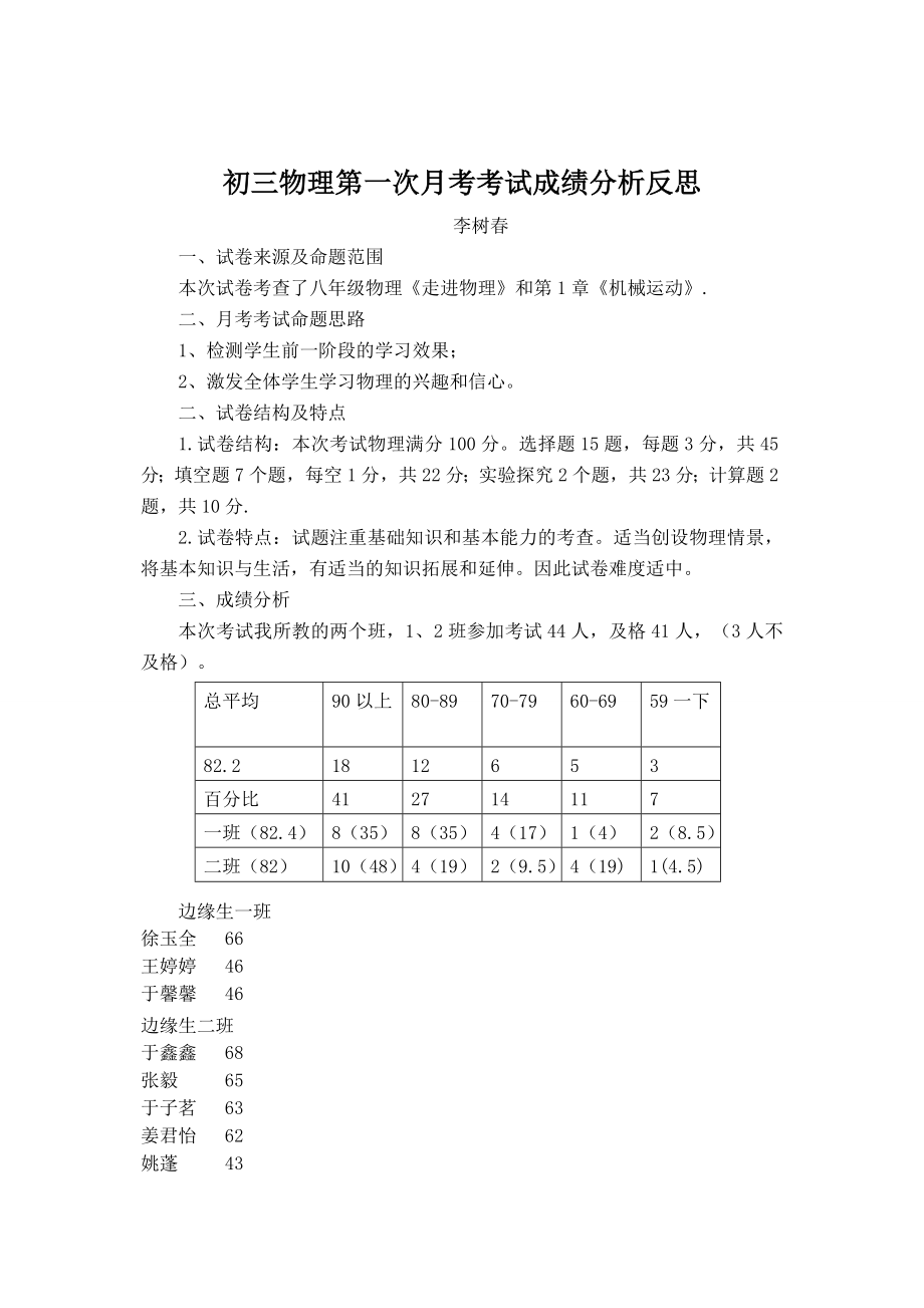 初三物理第一次月考考试成绩分析反思.doc_第1页