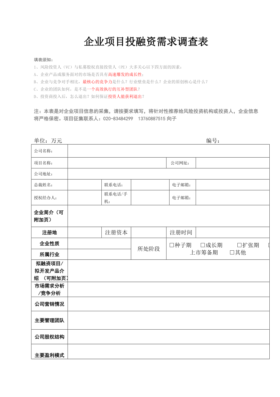 企业项目投融资需求调查表.docx_第1页