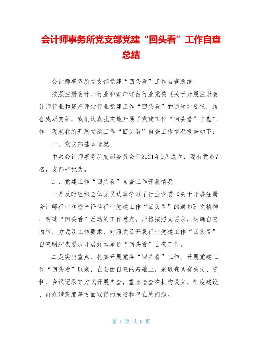 会计师事务所党支部党建“回头看”工作自查总结.doc_第1页