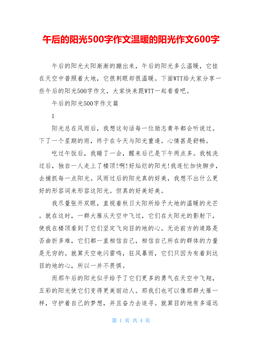 午后的阳光500字作文温暖的阳光作文600字.doc_第1页