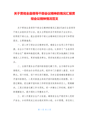 关于贯彻全县领导干部会议精神的情况汇报贯彻会议精神情况范文.doc