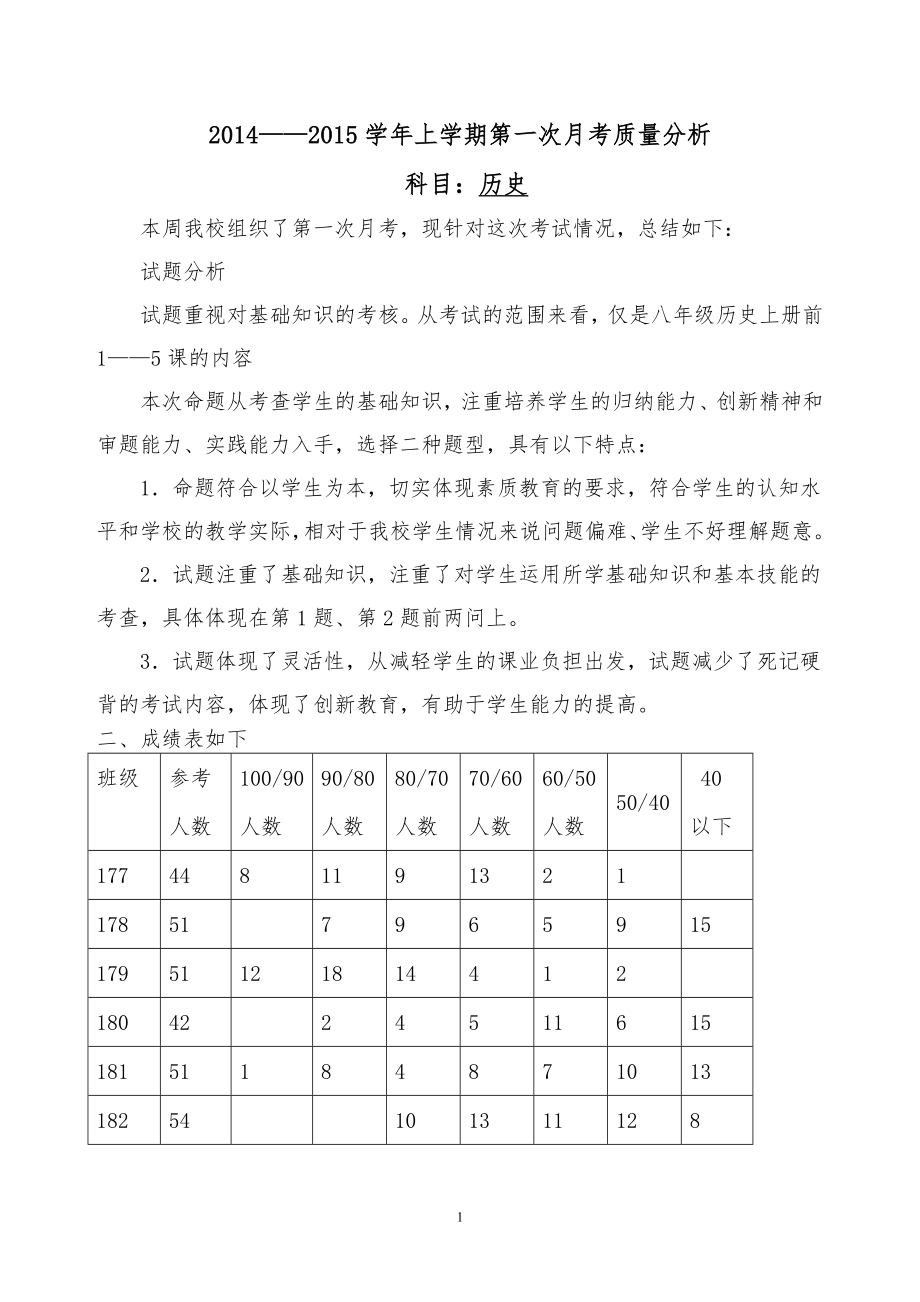 八年级历史上第一次月考质量分析.doc_第1页