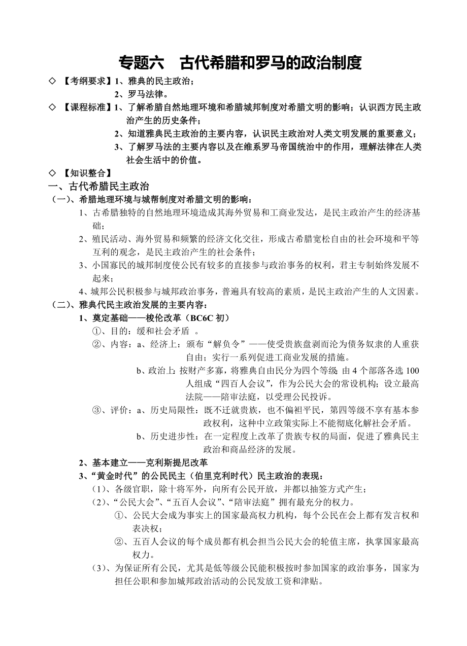 高中历史必修一知识点汇编：专题六古代希腊和罗马的政治制度.doc_第1页