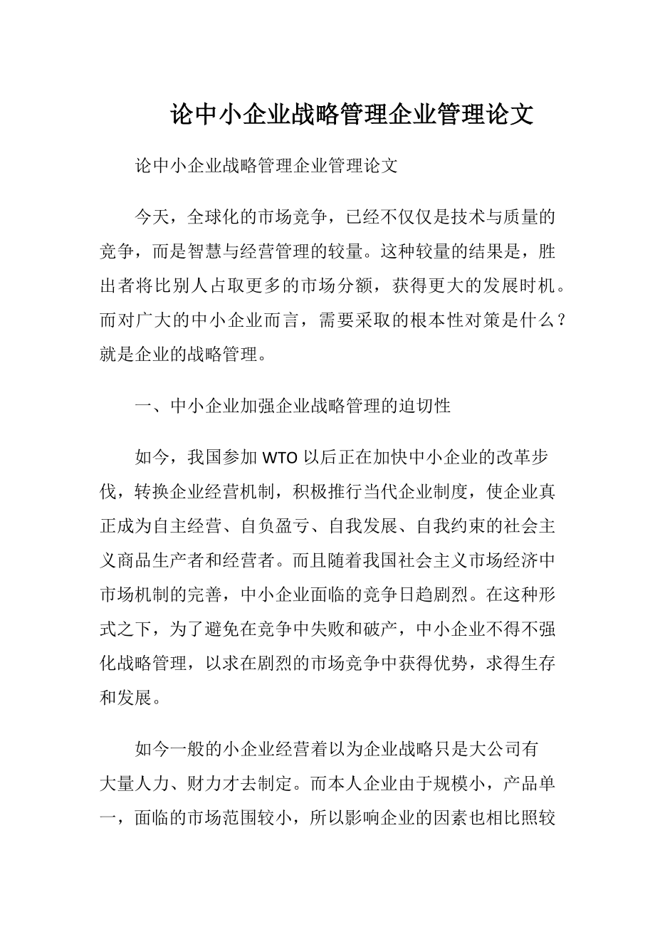 论中小企业战略管理企业管理论文.docx_第1页