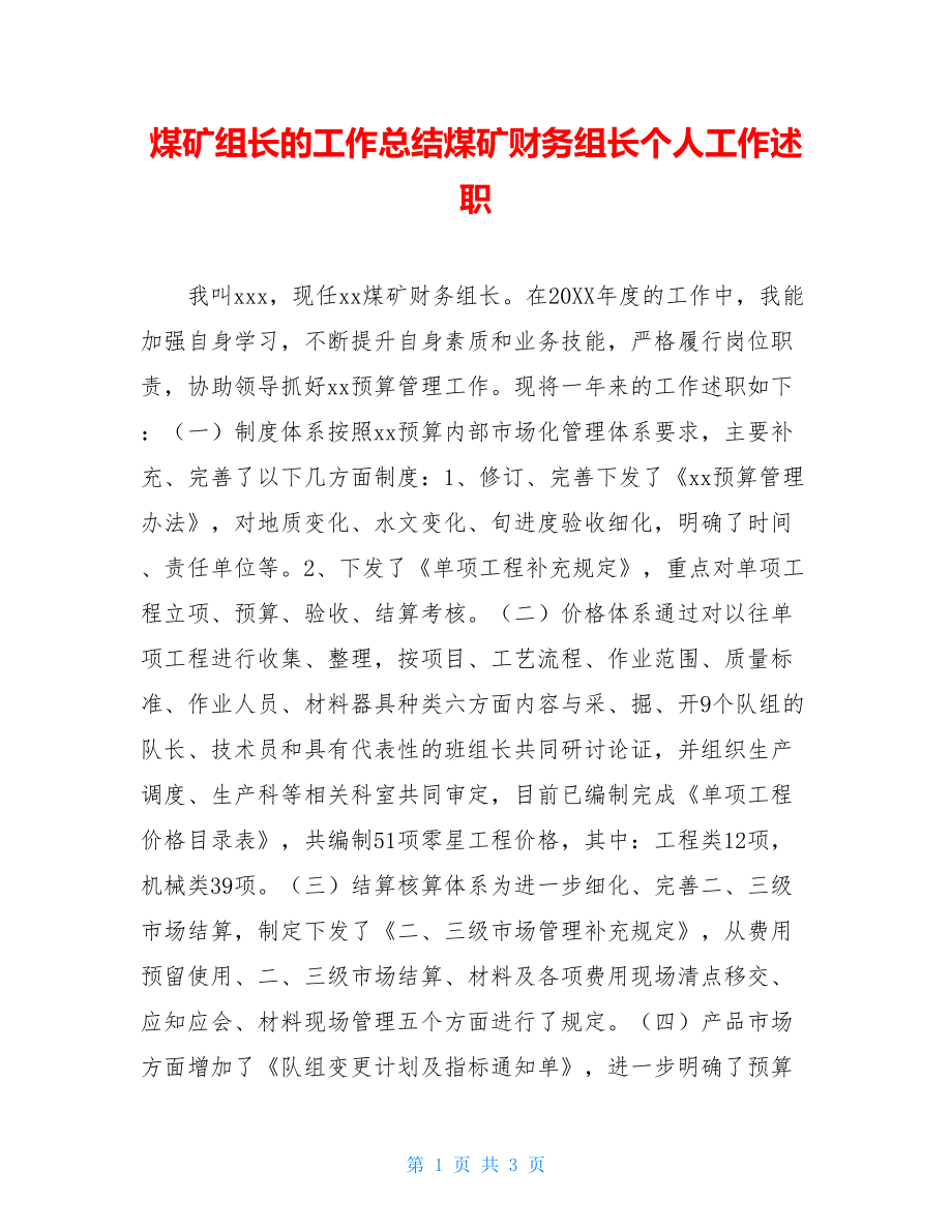 煤矿组长的工作总结煤矿财务组长个人工作述职.doc_第1页