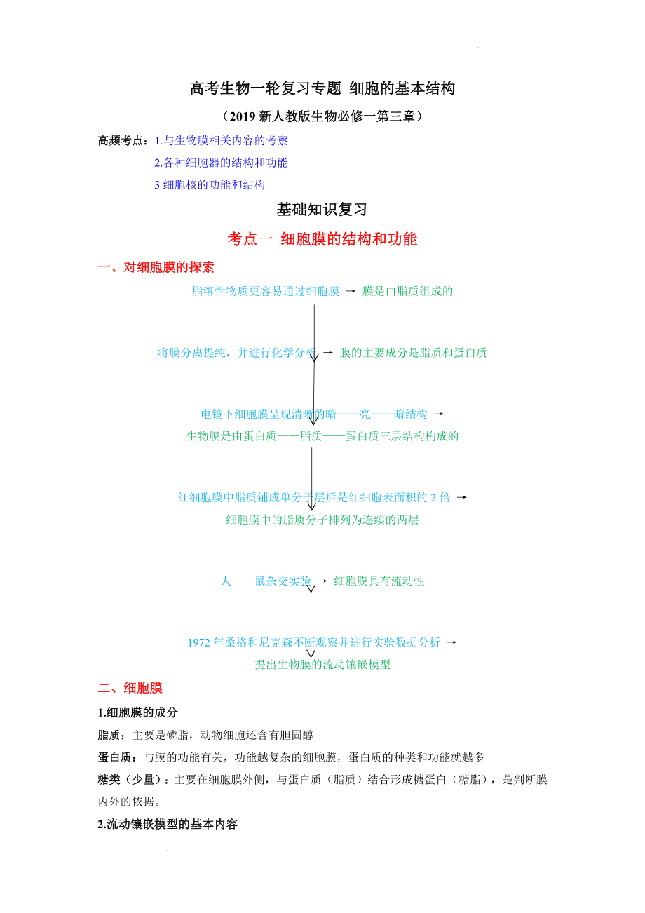 高考生物一轮复习专题 细胞的基本结构基础知识.docx_第1页