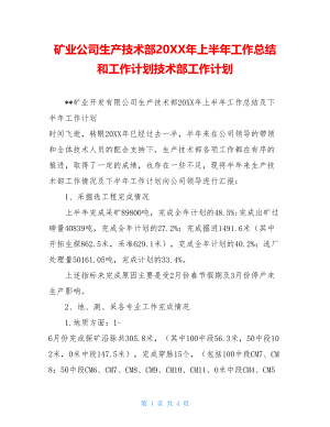 矿业公司生产技术部20XX年上半年工作总结和工作计划技术部工作计划.doc